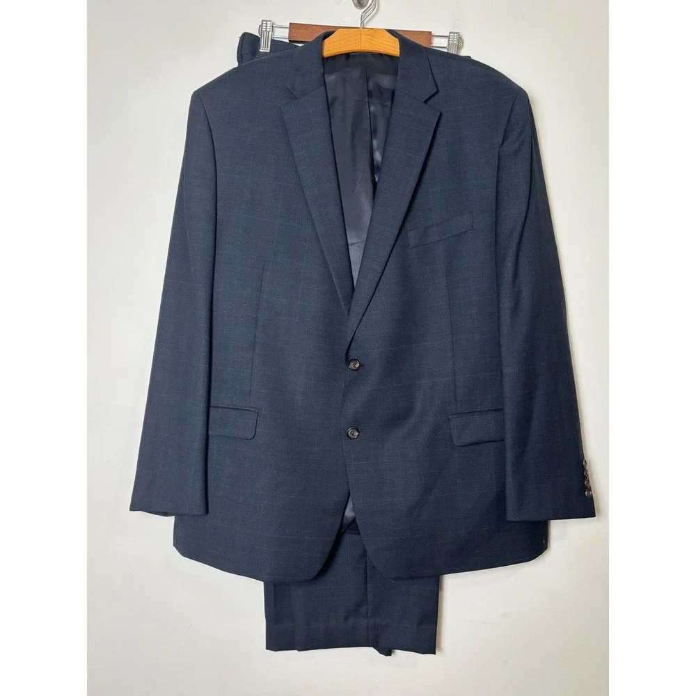 Lauren Ralph Lauren Mens Suit 48R 42W x 27L Blue Windowpane Plaid Wool 2-Piece